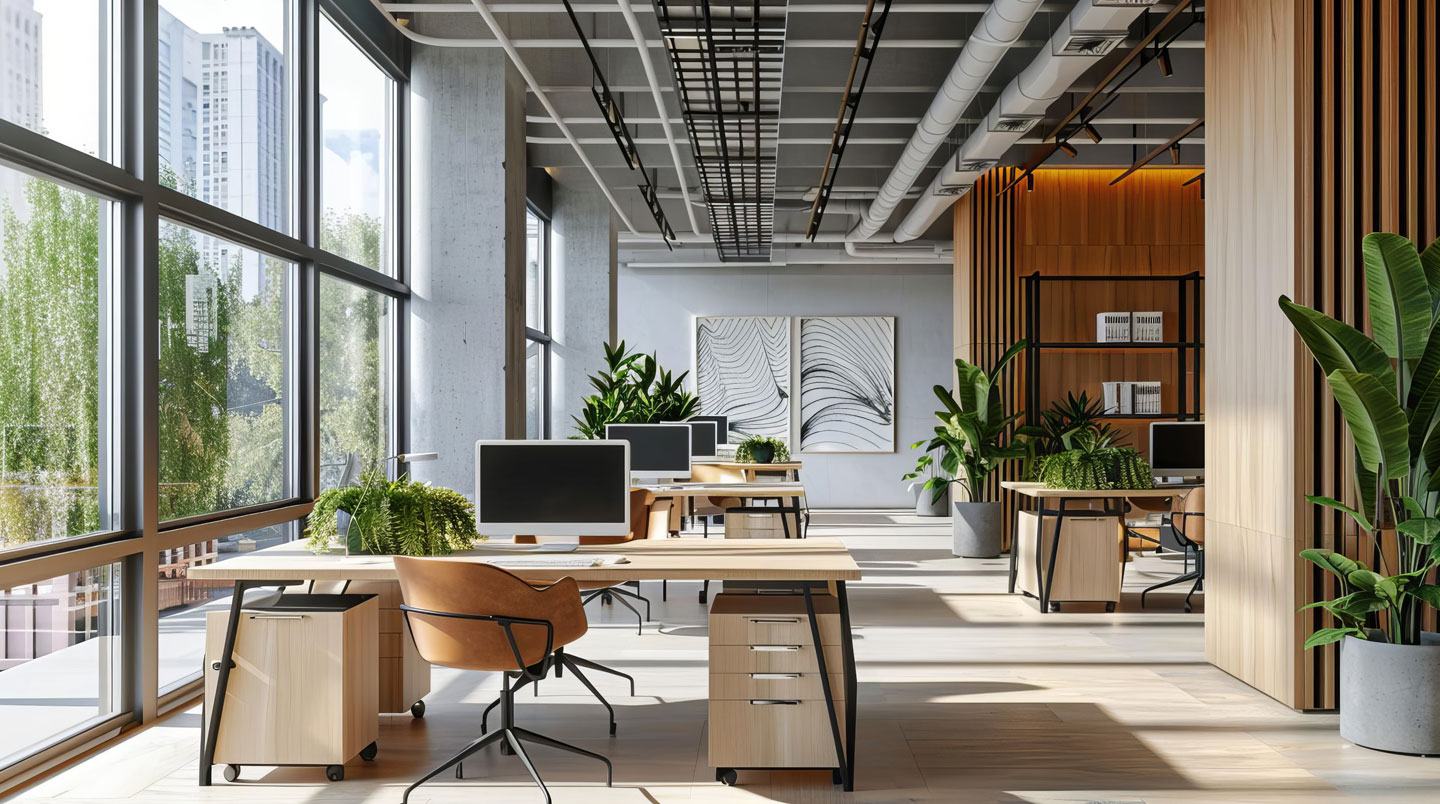 Illustration isométrique des trois phases d'une rénovation de bureau.