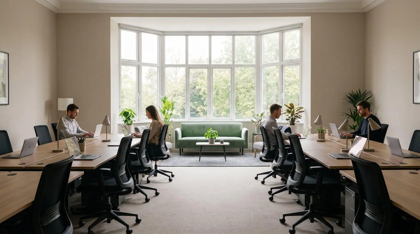 Bureau moderne avec éclairage naturel et espace détente.