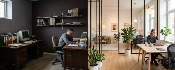 Comparaison avant-après d'un bureau professionnel rénové.