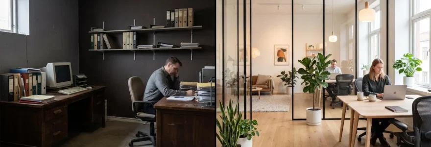 Comparaison avant-après d'un bureau professionnel rénové.