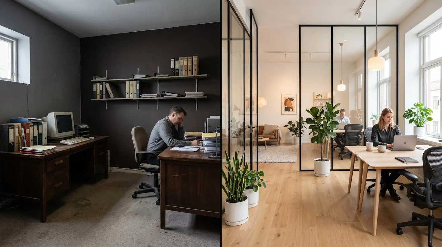 Comparaison avant-après d'un bureau professionnel rénové.