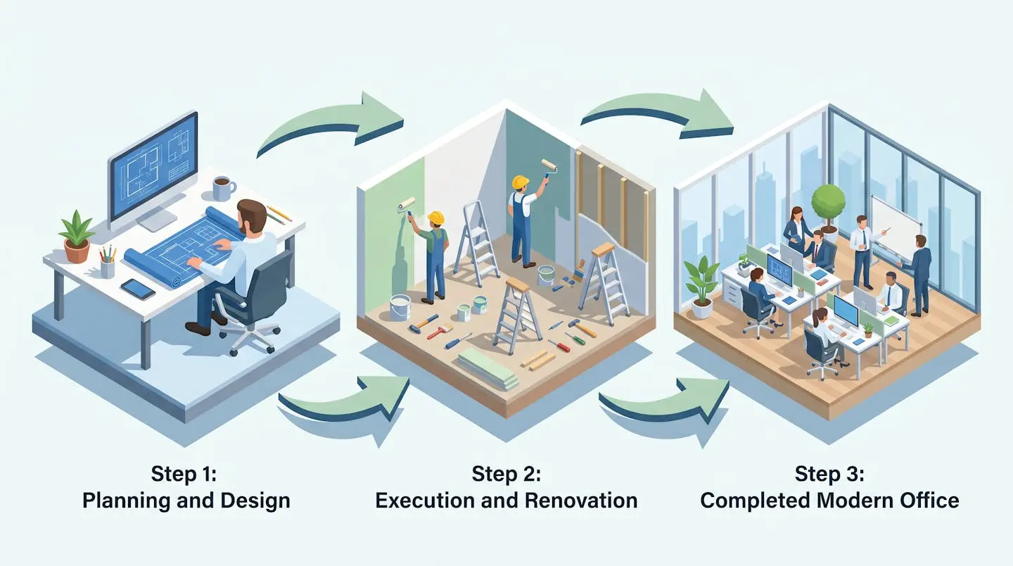 Illustration isométrique des trois phases d'une rénovation de bureau.